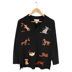 Vintage Bechamel Embroidered Dog Print Long Sleeve Polo Shirt Black Small